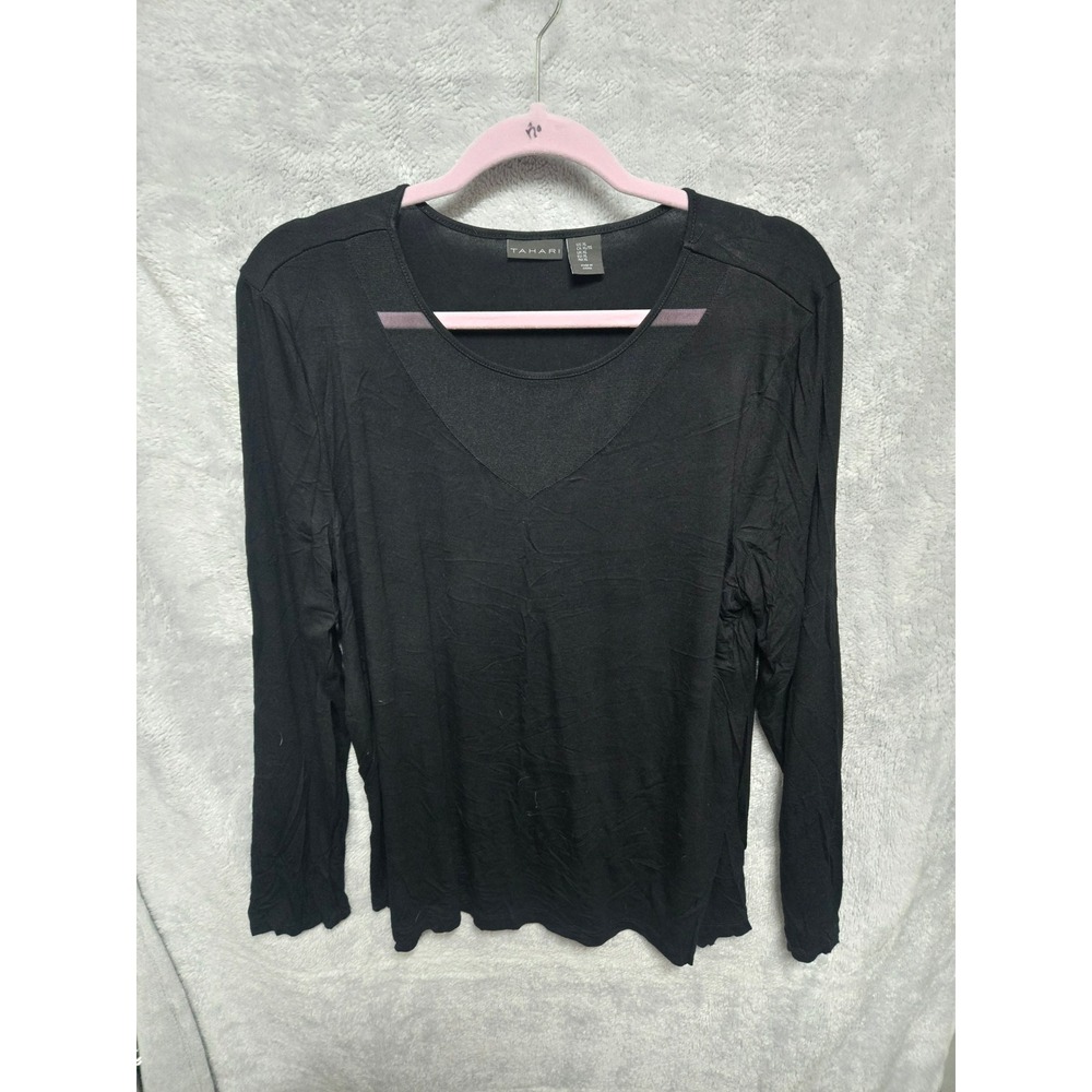 Tahari Womens Black Long Sleeve Mesh V-Insert Scoop Neck Jersey Top XL